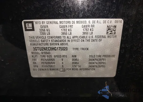 2017 GMC Sierra 1500 Slt z USA, uszkodzony, nr VIN 3GTU2NEC8HG175020